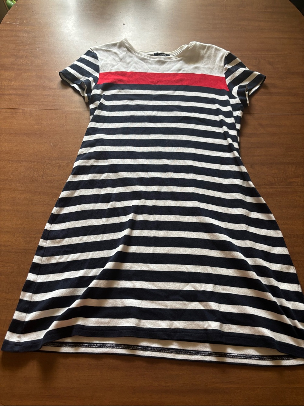 Chaps Navy, White & Red Striped Asymmetrical Dress